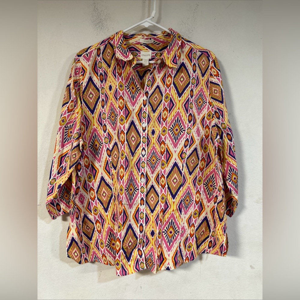 Chico’s 3 Linen Pink Purple Print 3/4 Sleeve Button Large Shirt Top, Button Back